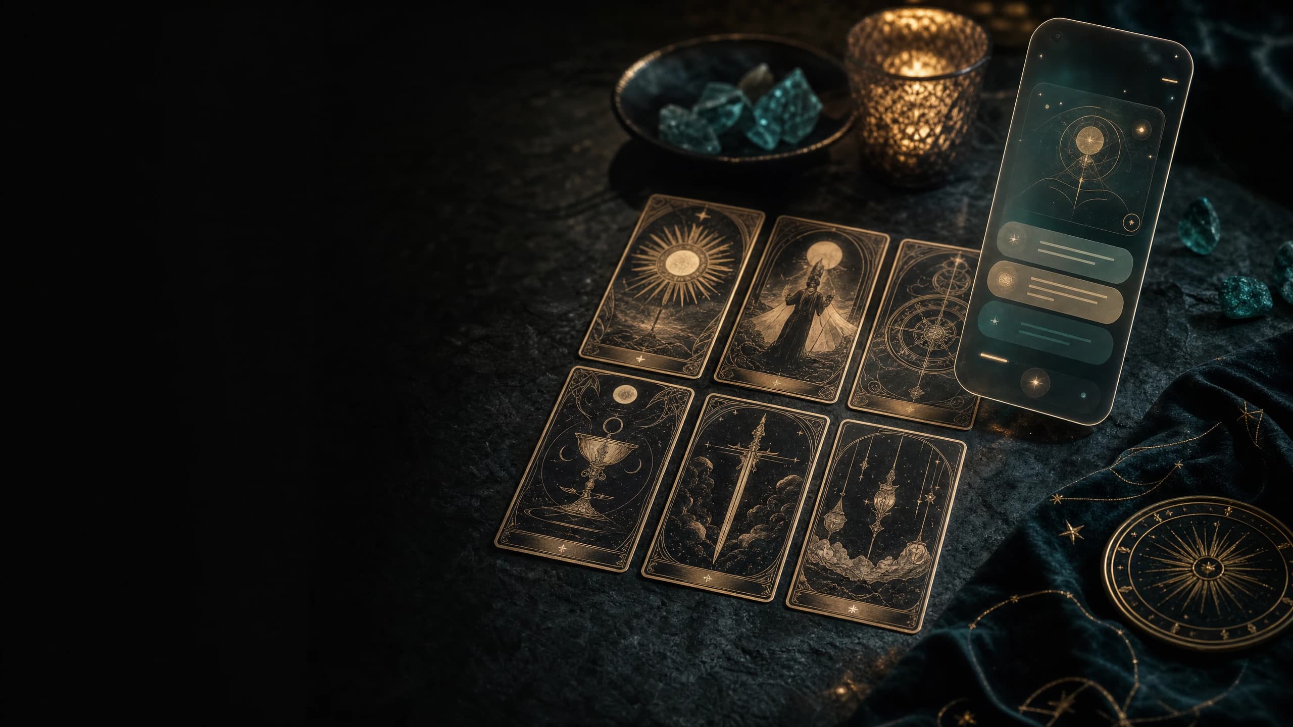 Six-card tarot spread with an iPhone tarot app preview